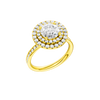 A three-quarter view of the Round cut diamond engagement ring in 14k yellow gold with a diamond channel band and cathedral setting