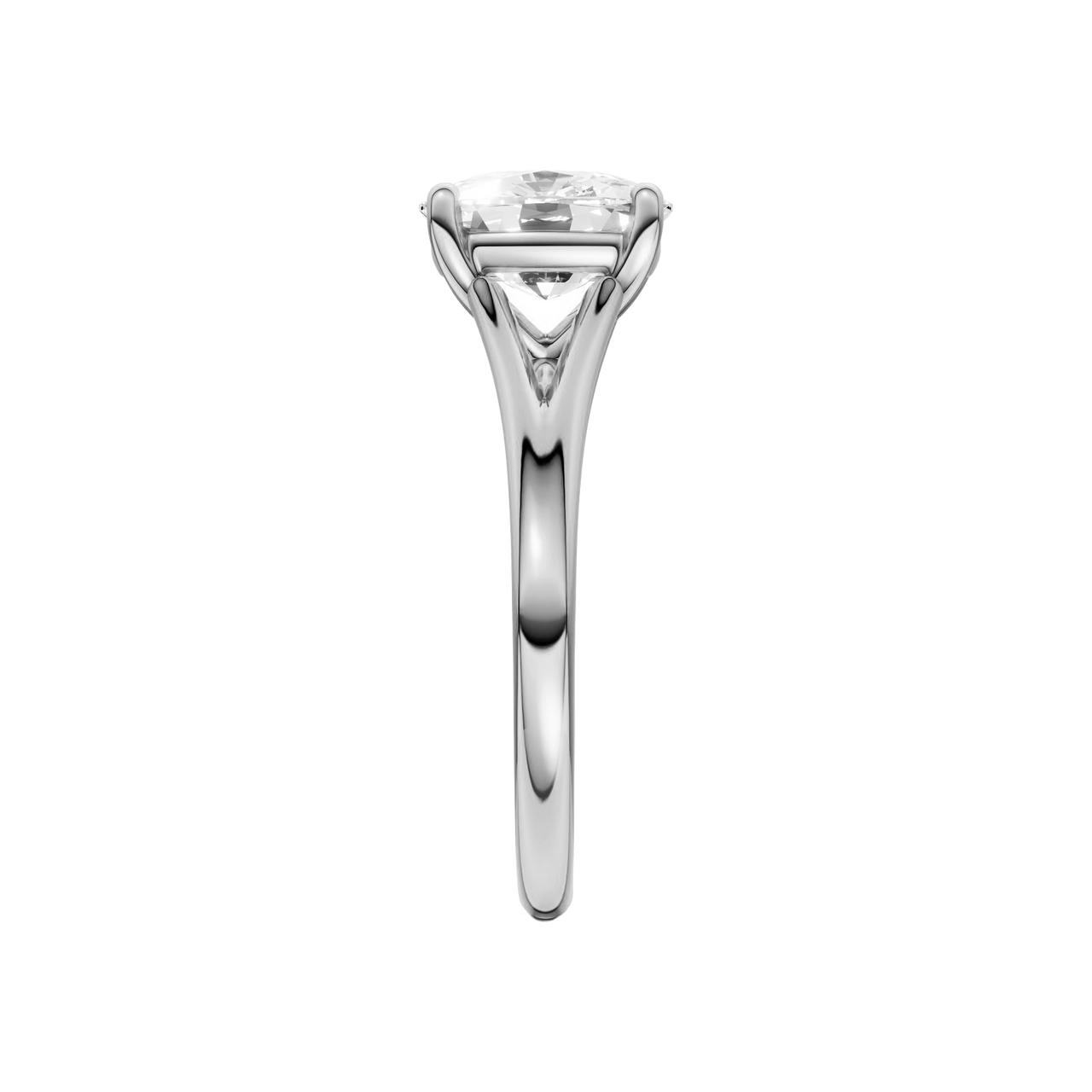 A side view of the Elongated cushion cut diamond engagement ring in 14k white gold with a plain band and split setting