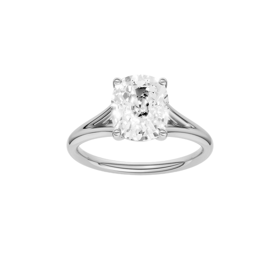 A front view of the Elongated cushion cut diamond engagement ring in platinum with a plain band and split setting