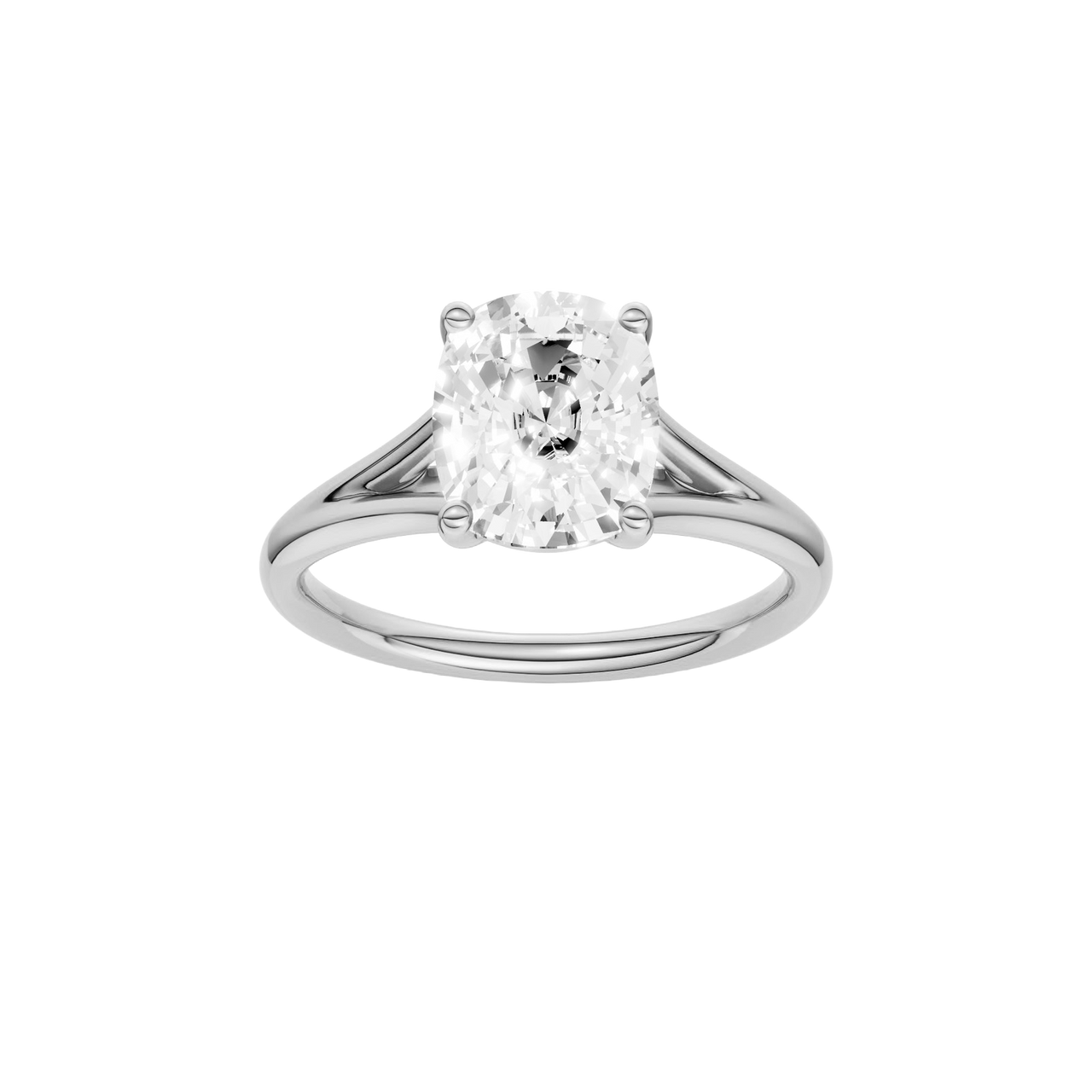 A front view of the Elongated cushion cut diamond engagement ring in 14k white gold with a plain band and split setting