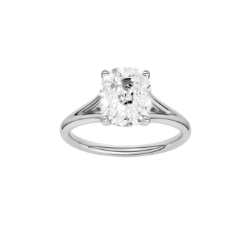 A front view of the Elongated cushion cut diamond engagement ring in 14k white gold with a plain band and split setting