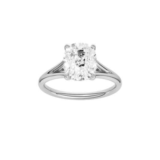 A front view of the Elongated cushion cut diamond engagement ring in 14k white gold with a plain band and split setting