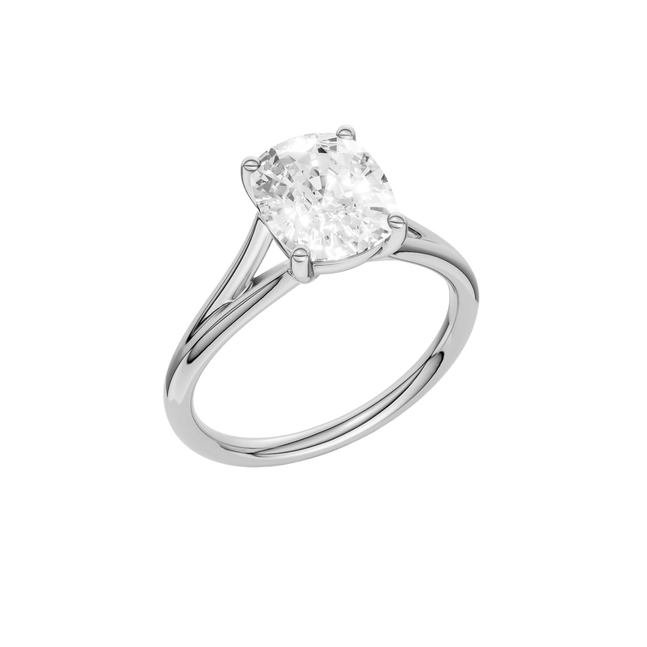 A  three-quarter view of the Elongated cushion cut diamond engagement ring in 14k white gold with a plain band and split setting
