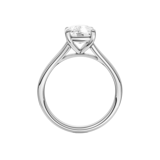 A profile view of the Elongated cushion cut diamond engagement ring in 14k white gold with a plain band and split setting