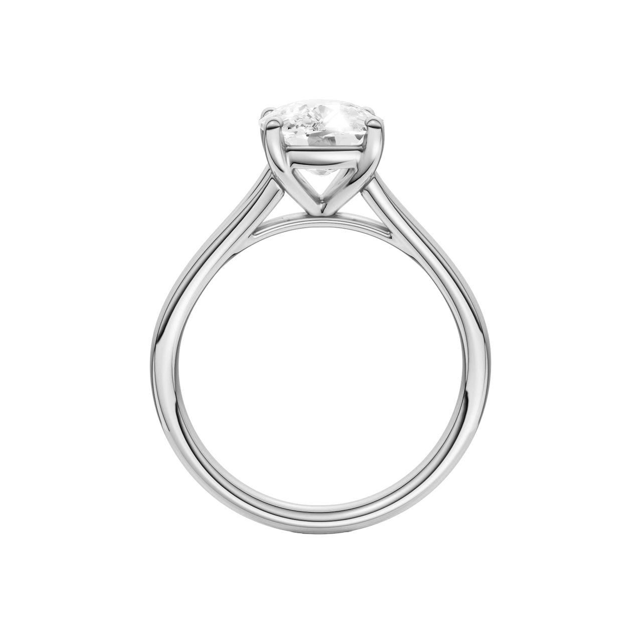 A profile view of the Elongated cushion cut diamond engagement ring in 14k white gold with a plain band and split setting