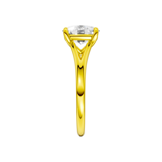 A side view of the Elongated cushion cut diamond engagement ring in 14k yellow gold with a plain band and split setting