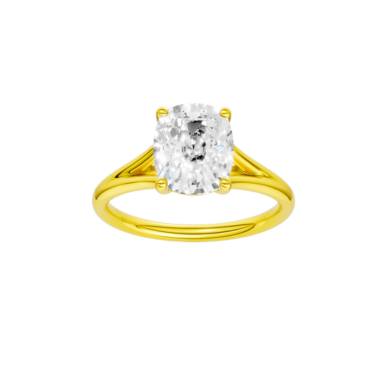 A front view of the Elongated cushion cut diamond engagement ring in 14k yellow gold with a plain band and split setting