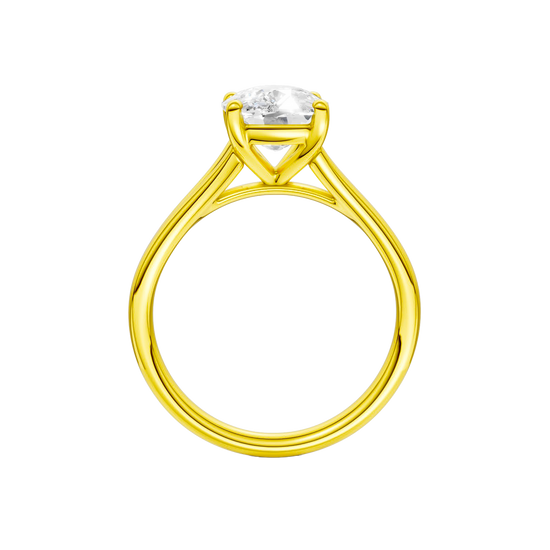 A profile view of the Elongated cushion cut diamond engagement ring in 14k yellow gold with a plain band and split setting