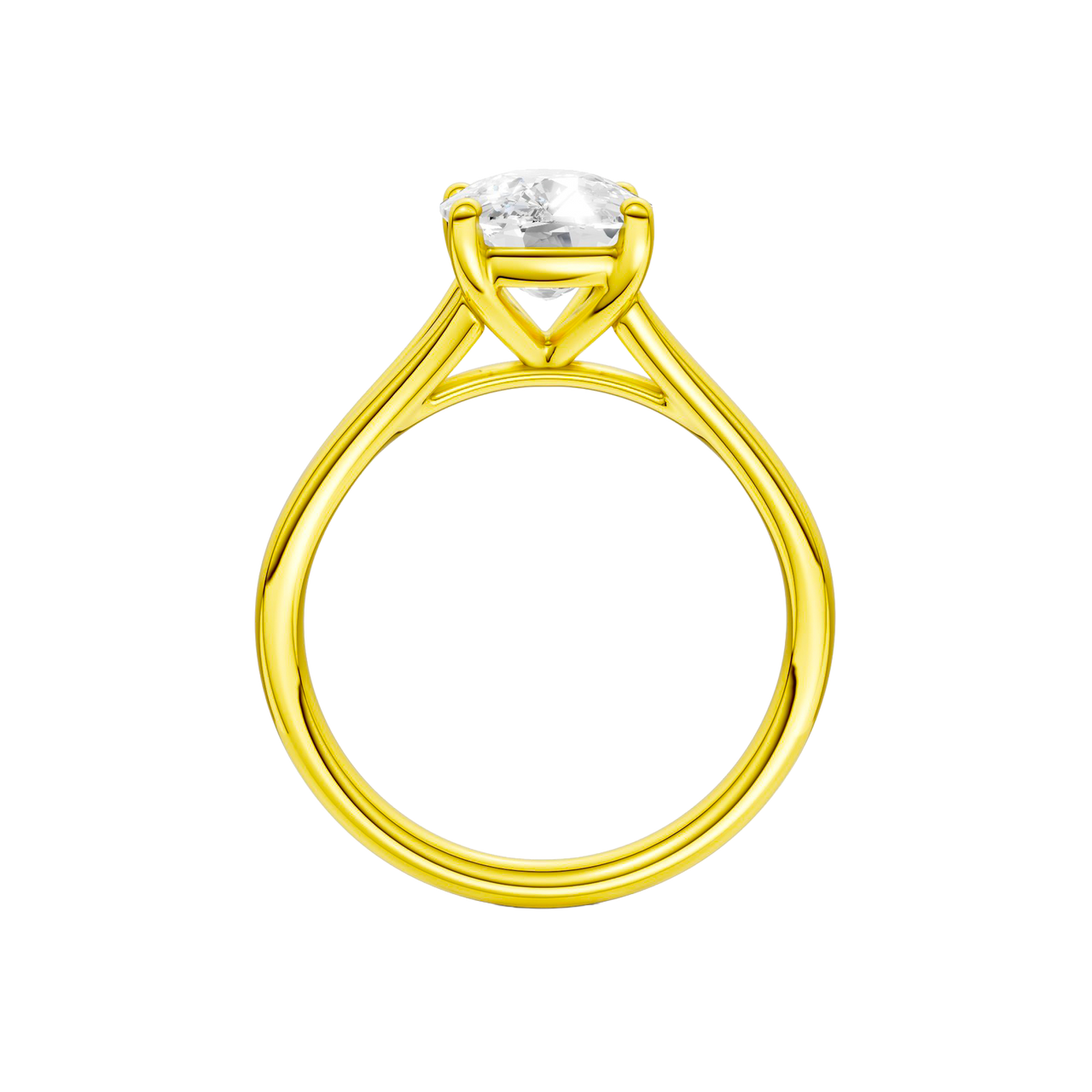 A profile view of the Elongated cushion cut diamond engagement ring in 14k yellow gold with a plain band and split setting