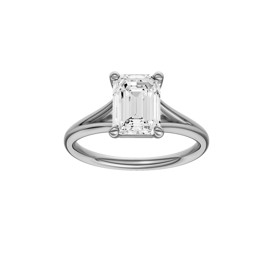 A front view of the Emerald cut diamond engagement ring in 14k white gold with a plain band and split setting