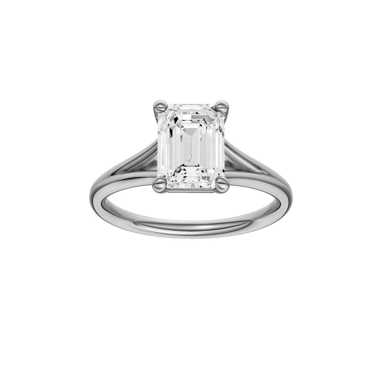 A front view of the Emerald cut diamond engagement ring in 14k white gold with a plain band and split setting