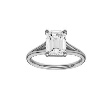 A front view of the Emerald cut diamond engagement ring in 14k white gold with a plain band and split setting