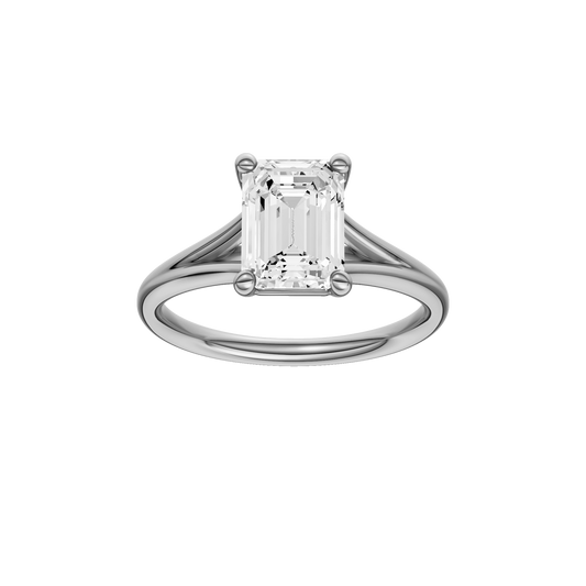 A front view of the Emerald cut diamond engagement ring in 14k white gold with a plain band and split setting