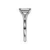 A side view of the Emerald cut diamond engagement ring in platinum with a plain band and split setting