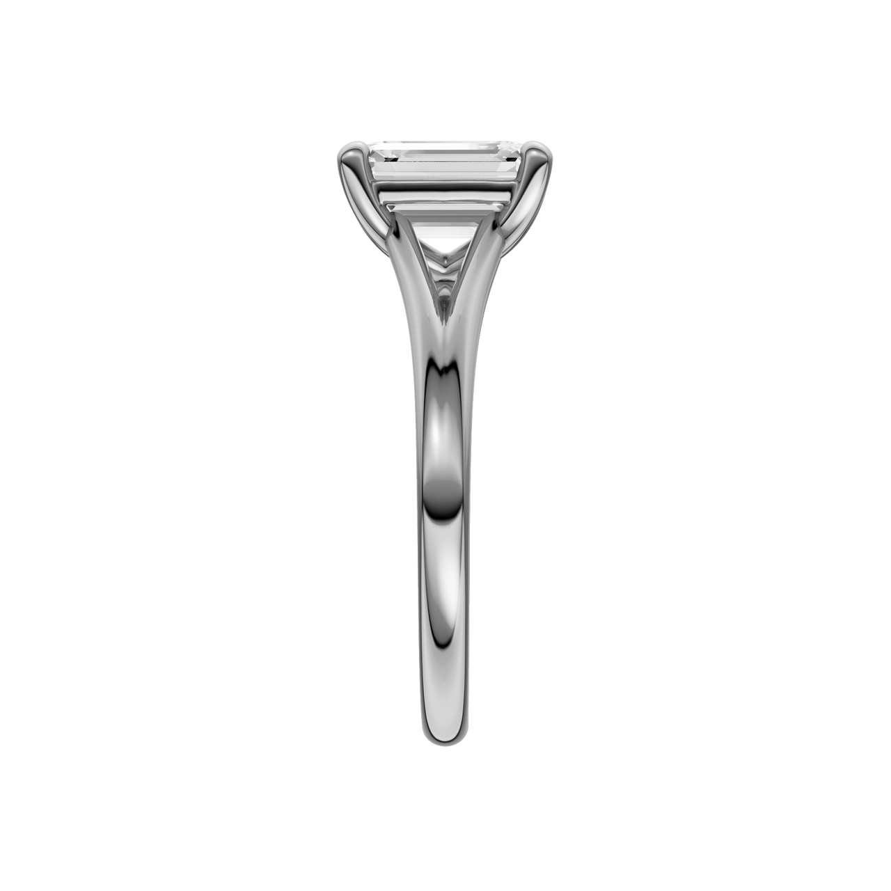 A side view of the Emerald cut diamond engagement ring in platinum with a plain band and split setting