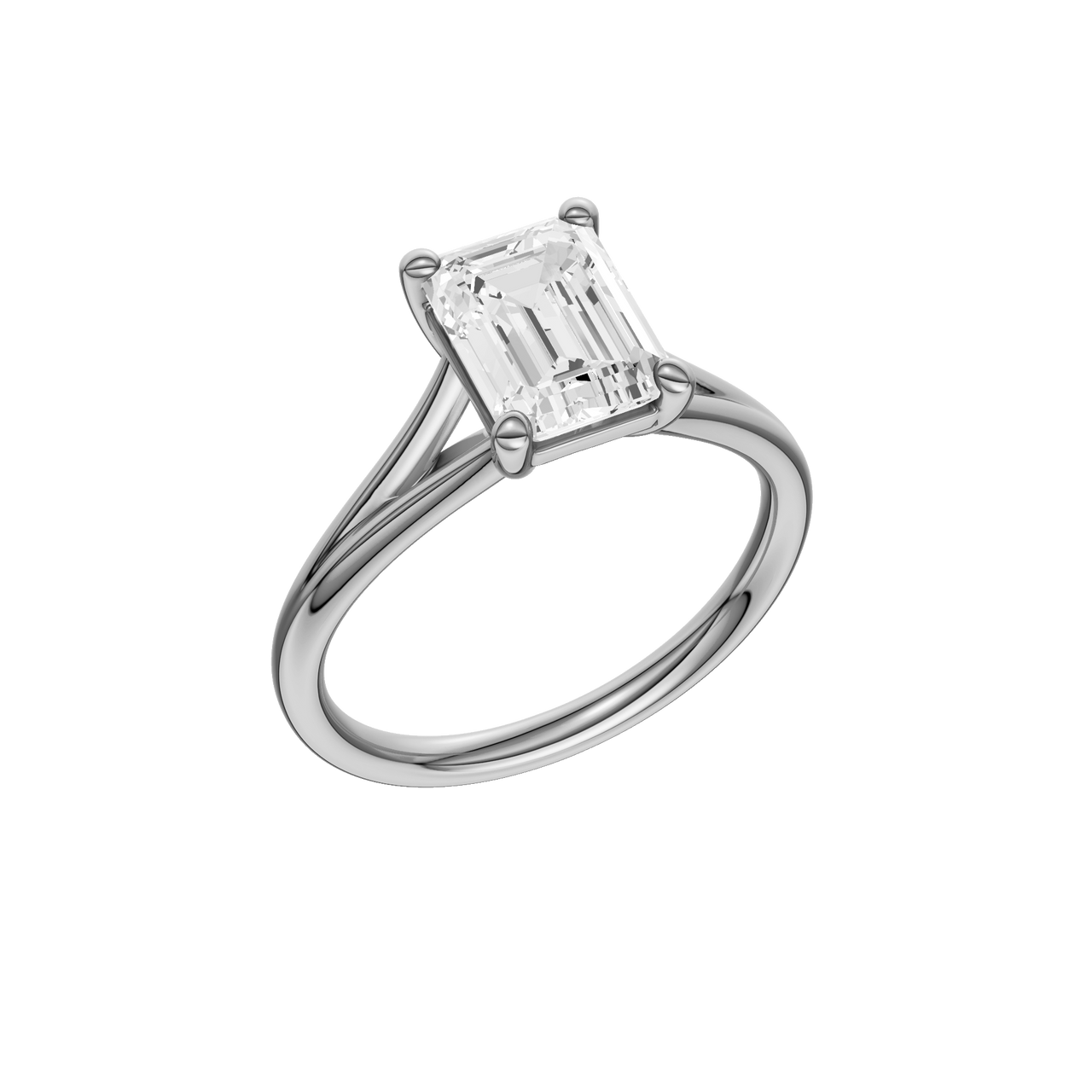 A three-quarter view of the Emerald cut diamond engagement ring in platinum with a plain band and split setting