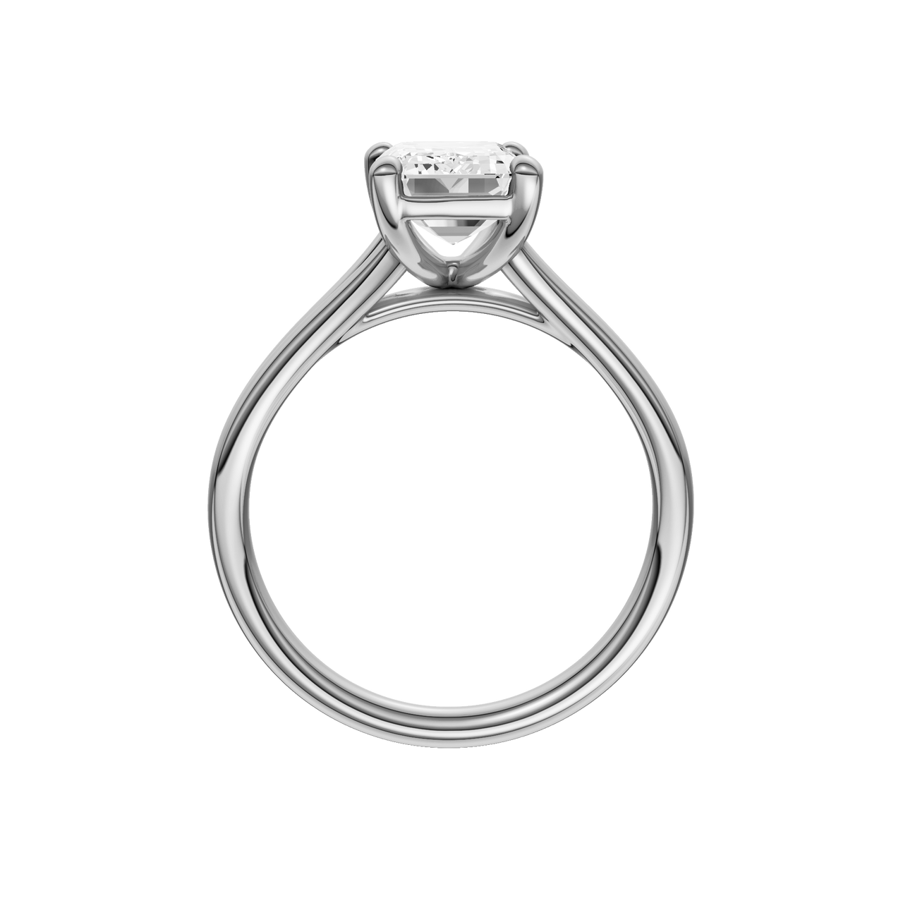 A profile view of the Emerald cut diamond engagement ring in 14k white gold with a plain band and split setting