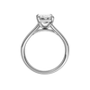 A profile view of the Emerald cut diamond engagement ring in platinum with a plain band and split setting