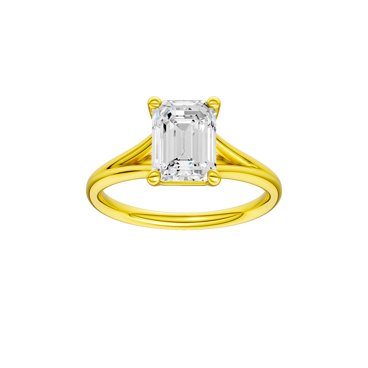 A front view of the Emerald cut diamond engagement ring in 14k yellow gold with a plain band and split setting
