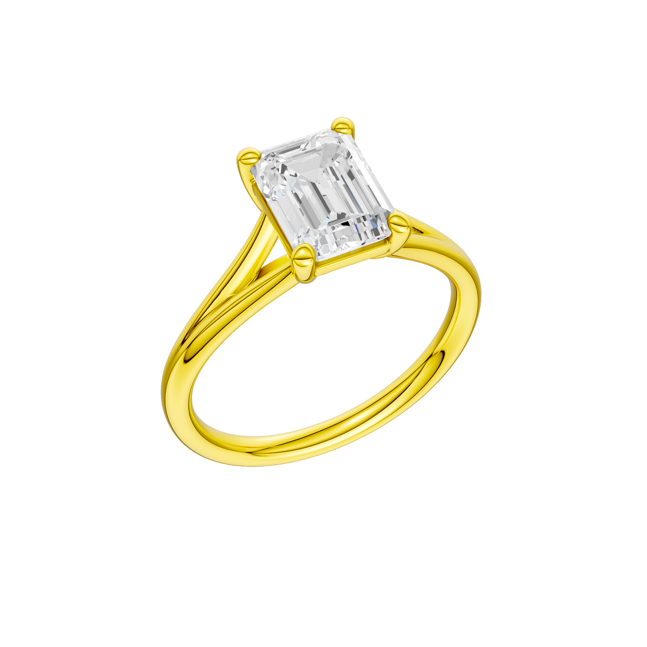 A three-quarter view of the Emerald cut diamond engagement ring in 14k yellow gold with a plain band and split setting