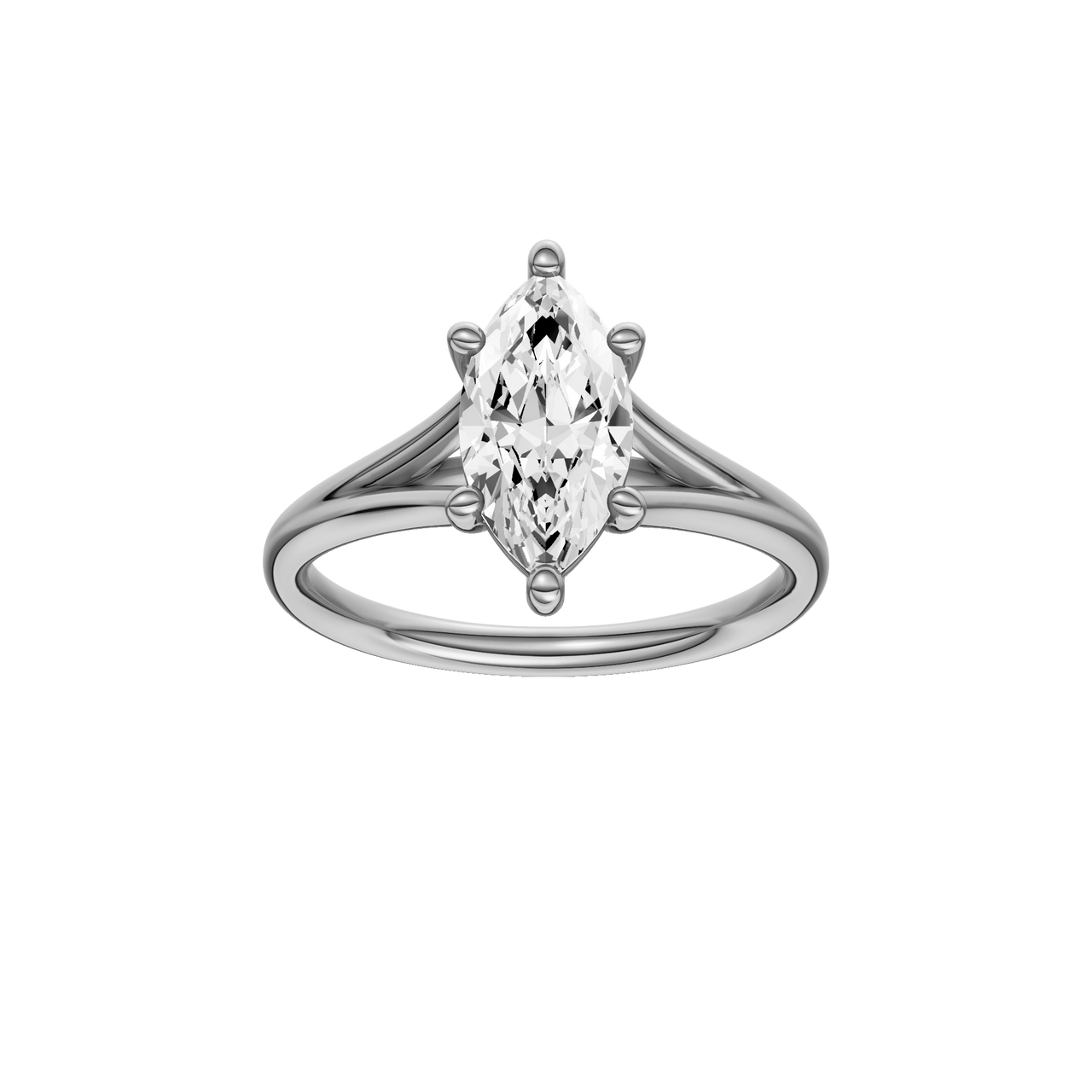 A front view of the Marquise cut diamond engagement ring in platinum with a plain band and solitaire setting