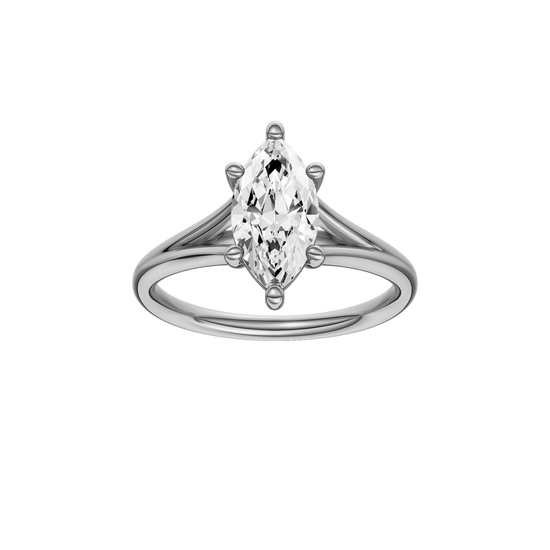 A front view of the Marquise cut diamond engagement ring in 14k white gold with a plain band and solitaire setting