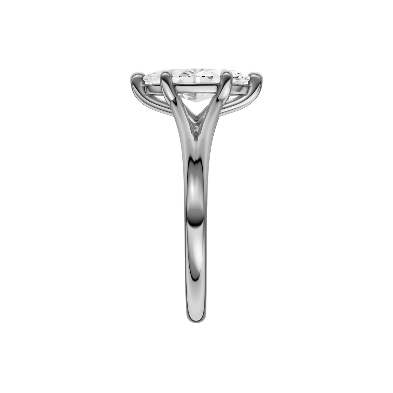 A side view of the Marquise cut diamond engagement ring in 14k white gold with a plain band and solitaire setting