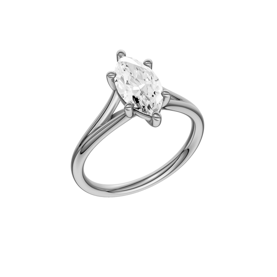 A three-quarter view of the Marquise cut diamond engagement ring in 14k white gold with a plain band and solitaire setting