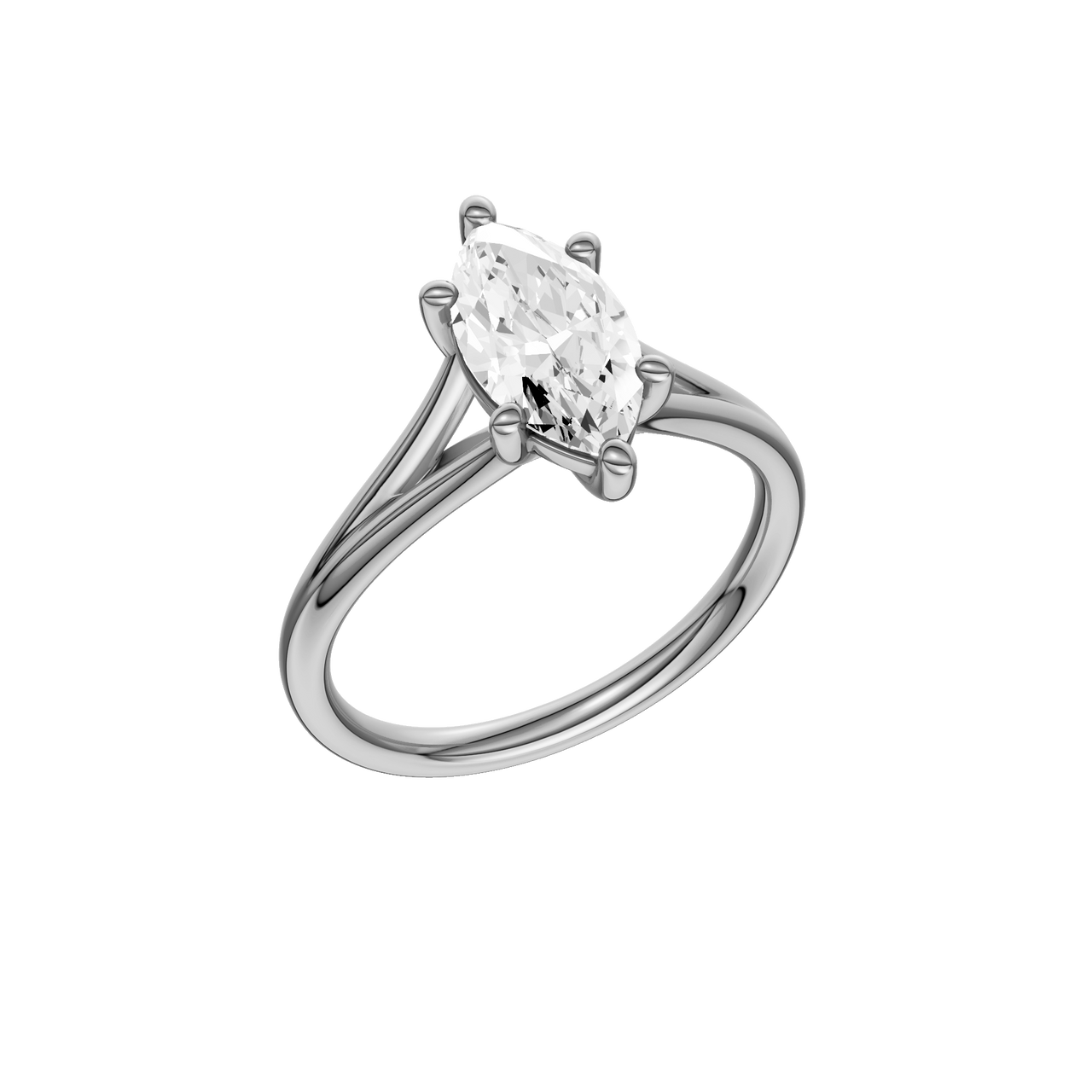 A three-quarter view of the Marquise cut diamond engagement ring in 14k white gold with a plain band and solitaire setting