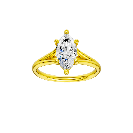 A front view of the Marquise cut diamond engagement ring in 14k yellow gold with a plain band and solitaire setting