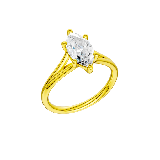 A three-quarter view of the Marquise cut diamond engagement ring in 14k yellow gold with a plain band and solitaire setting