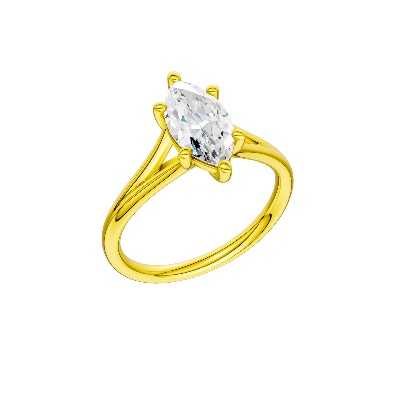 A three-quarter view of the Marquise cut diamond engagement ring in 14k yellow gold with a plain band and solitaire setting