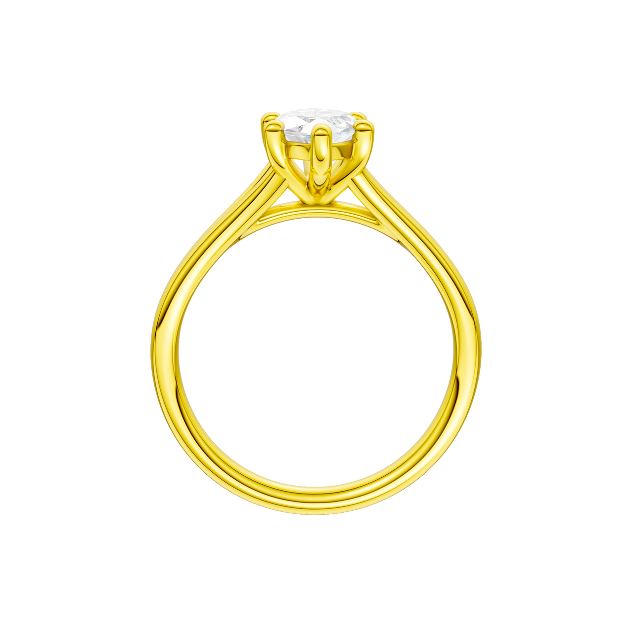 A profile view of the Marquise cut diamond engagement ring in 14k yellow gold with a plain band and solitaire setting