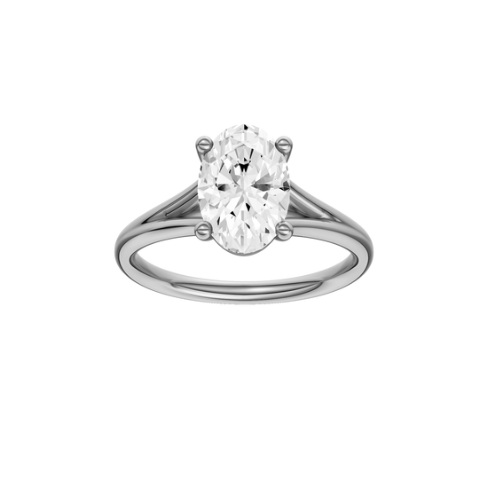 A front view of the Oval cut diamond engagement ring in 14k white gold with a plain band and split setting