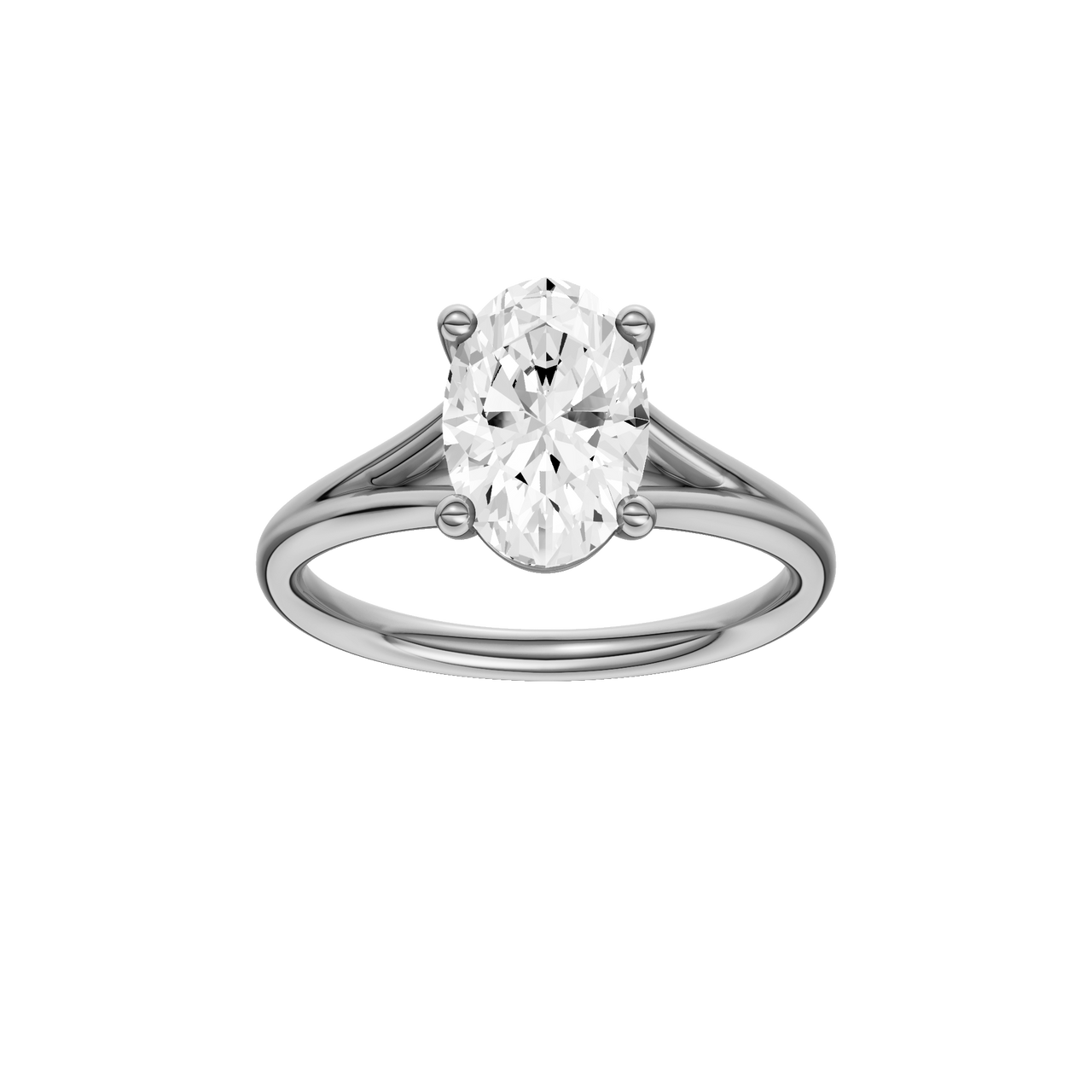A front view of the Oval cut diamond engagement ring in 14k white gold with a plain band and split setting
