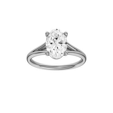 A front view of the Oval cut diamond engagement ring in 14k white gold with a plain band and split setting