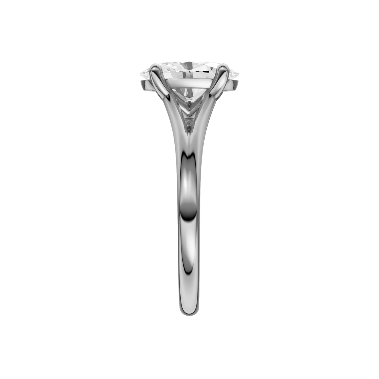 A side view of the Oval cut diamond engagement ring in platinum with a plain band and split setting