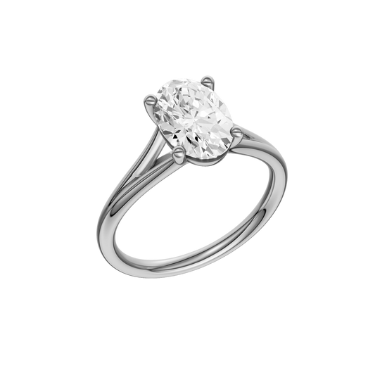 A three-quarter view of the Oval cut diamond engagement ring in 14k white gold with a plain band and split setting