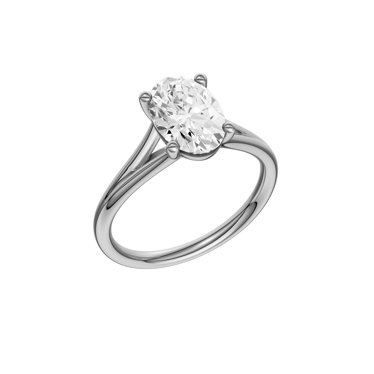 A three-quarter view of the Oval cut diamond engagement ring in 14k white gold with a plain band and split setting