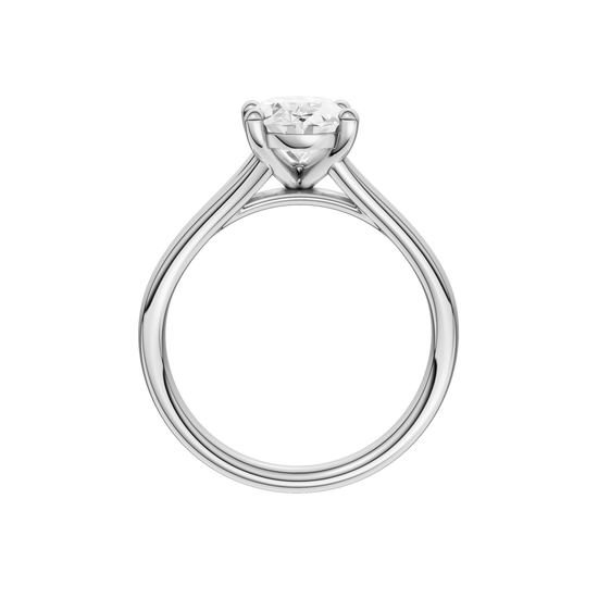 A profile view of the Oval cut diamond engagement ring in 14k white gold with a plain band and split setting