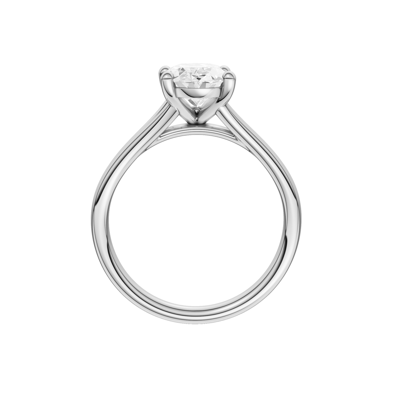 A profile view of the Oval cut diamond engagement ring in 14k white gold with a plain band and split setting
