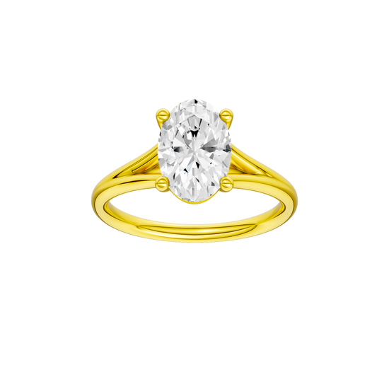 A front view of the Oval cut diamond engagement ring in 14k yellow gold with a plain band and split setting
