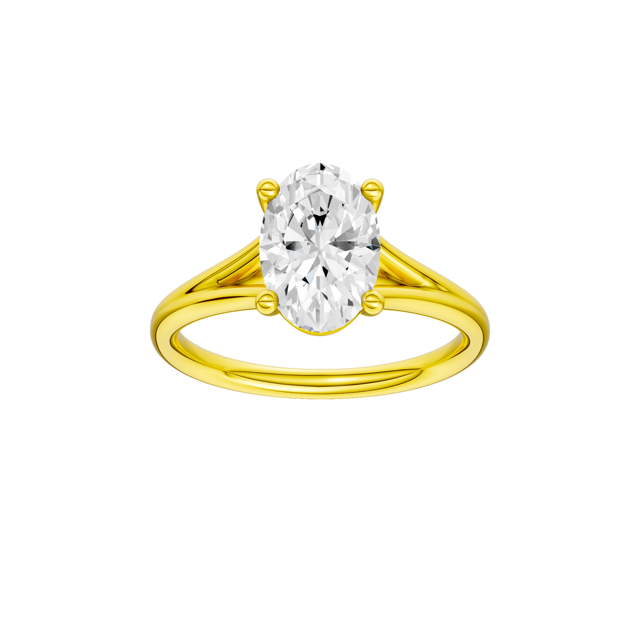 A front view of the Oval cut diamond engagement ring in 14k yellow gold with a plain band and split setting