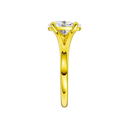 A side view of the Oval cut diamond engagement ring in 14k yellow gold with a plain band and split setting