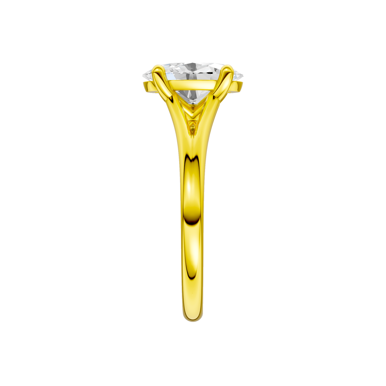A side view of the Oval cut diamond engagement ring in 14k yellow gold with a plain band and split setting