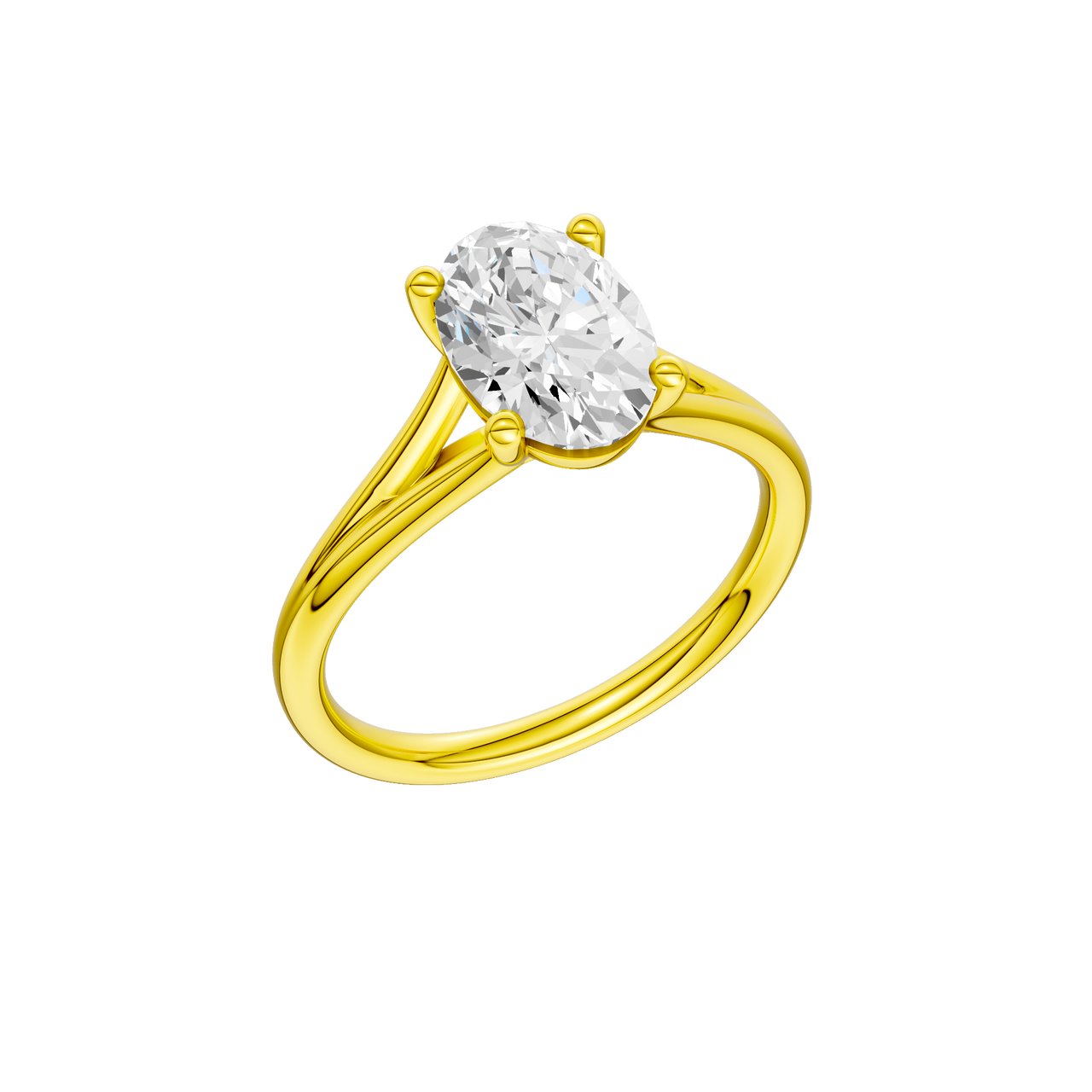 A three-quarter view of the Oval cut diamond engagement ring in 14k yellow gold with a plain band and split setting