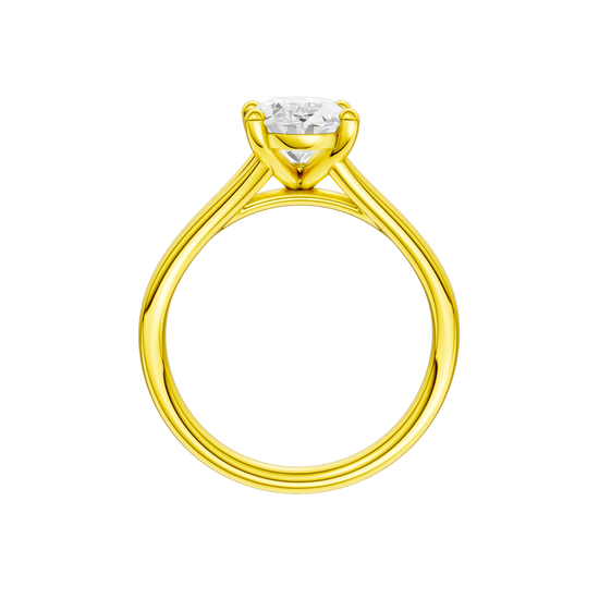 A profile view of the Oval cut diamond engagement ring in 14k yellow gold with a plain band and split setting