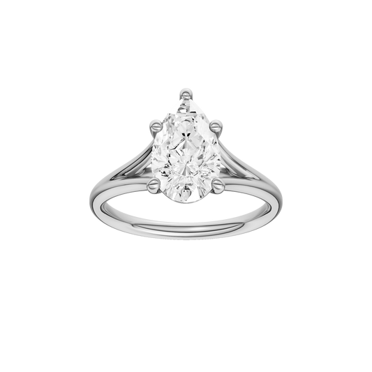 A front view of the Pear cut diamond engagement ring in 14k white gold with a plain band and split setting