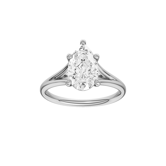 A front view of the Pear cut diamond engagement ring in platinum with a plain band and split setting