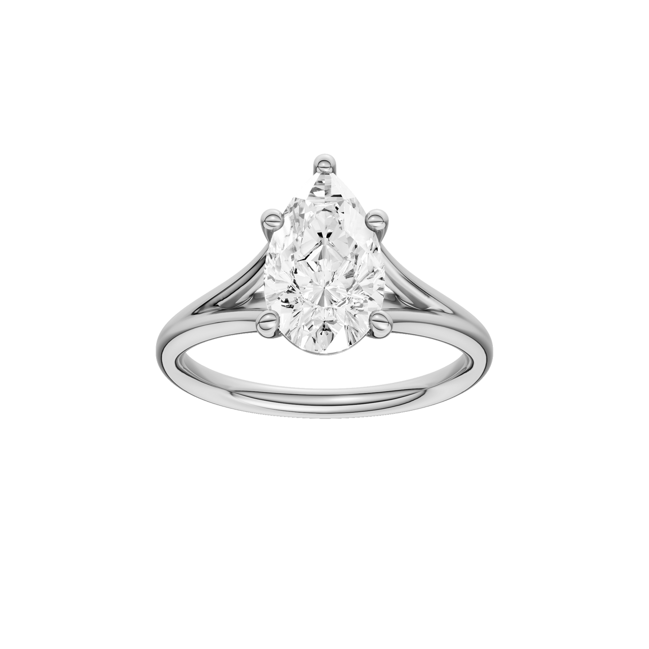 A front view of the Pear cut diamond engagement ring in platinum with a plain band and split setting